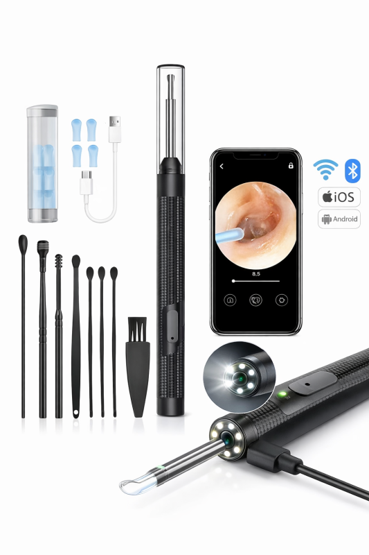 أداة تنظيف الأذن بكاميرا – مزودة بإضاءة و5 رؤوس بديلة (متوافقة مع iOS وAndroid)